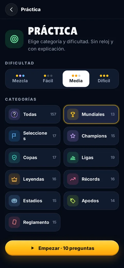 Selección de categoría y dificultad