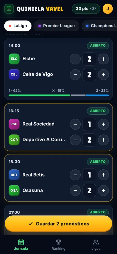 Marcadores de la jornada con los botones más y menos